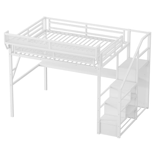 Full Size Loft Bed with Stairs and Storage, Metal Loft Bed Frame with Bedside Shelf and Large Under-Bed Space, Heavy-Duty Bed for Adults Teens and Kids, Black
