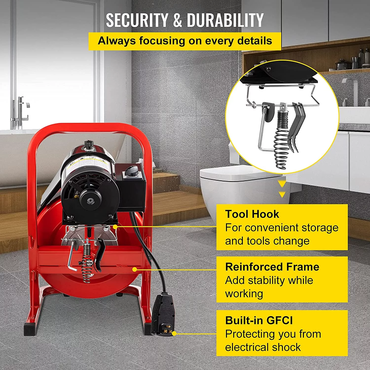 VEVOR Drain Cleaner Machine 75ft x 1/2 in, Drain Cleaning Machines 370W Drain Auger for 1" to 4" Pipes Electric Drain Snake Drill