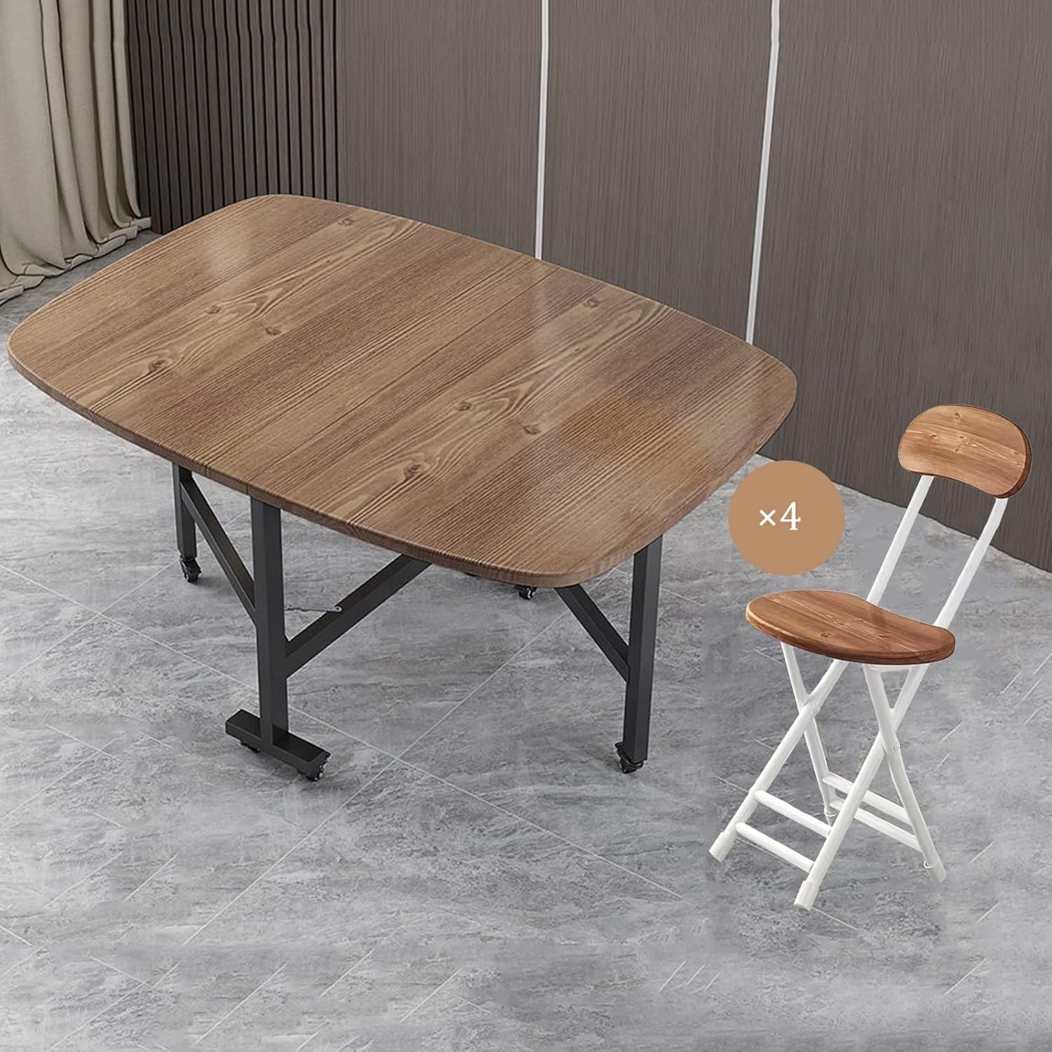 Kitchen Folding Tables, Butterfly Folding Dining Set 4 Space-Saving Folding Dining Table Set with 4 Chairs and 360° Universal Wheels Movable Drop Leaf Table