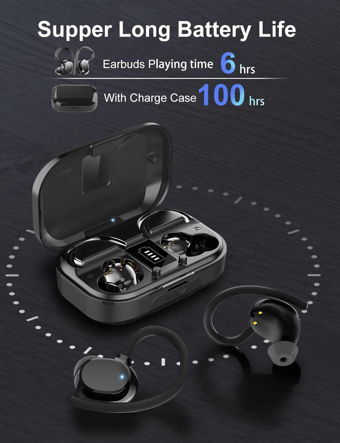 Bluetooth Earbuds with Ear Hook, Bluetooth 5.1 Headphones, Noise Cancelling Sport Headphones with LED Display, 100H Playtime IPX7 Waterproof Ear Buds Earbuds Deep Earphone with Mic for Gym/Running