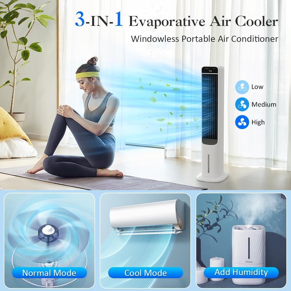 Swamp Cooler, 41" Evaporative Air Cooler With 4 Ice Packs, Remote, 50° Oscillation 3 Speeds 3 Wind Modes, Bladeless Cooling Fan That Blow Cold Air, Portable Air conditioner For Bedroom Home Office