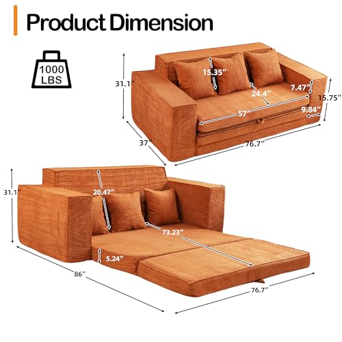 HOMREST 76" Convertible Memory Foam 3-seat Sofa, Pull Out Sleeper Sofa Bed, 2 in 1 Folding Couch Bed, Fold Out Floor Couch Corduroy Fabric with 3 Pillows for Living Room Bedroom Lounge (Grey)