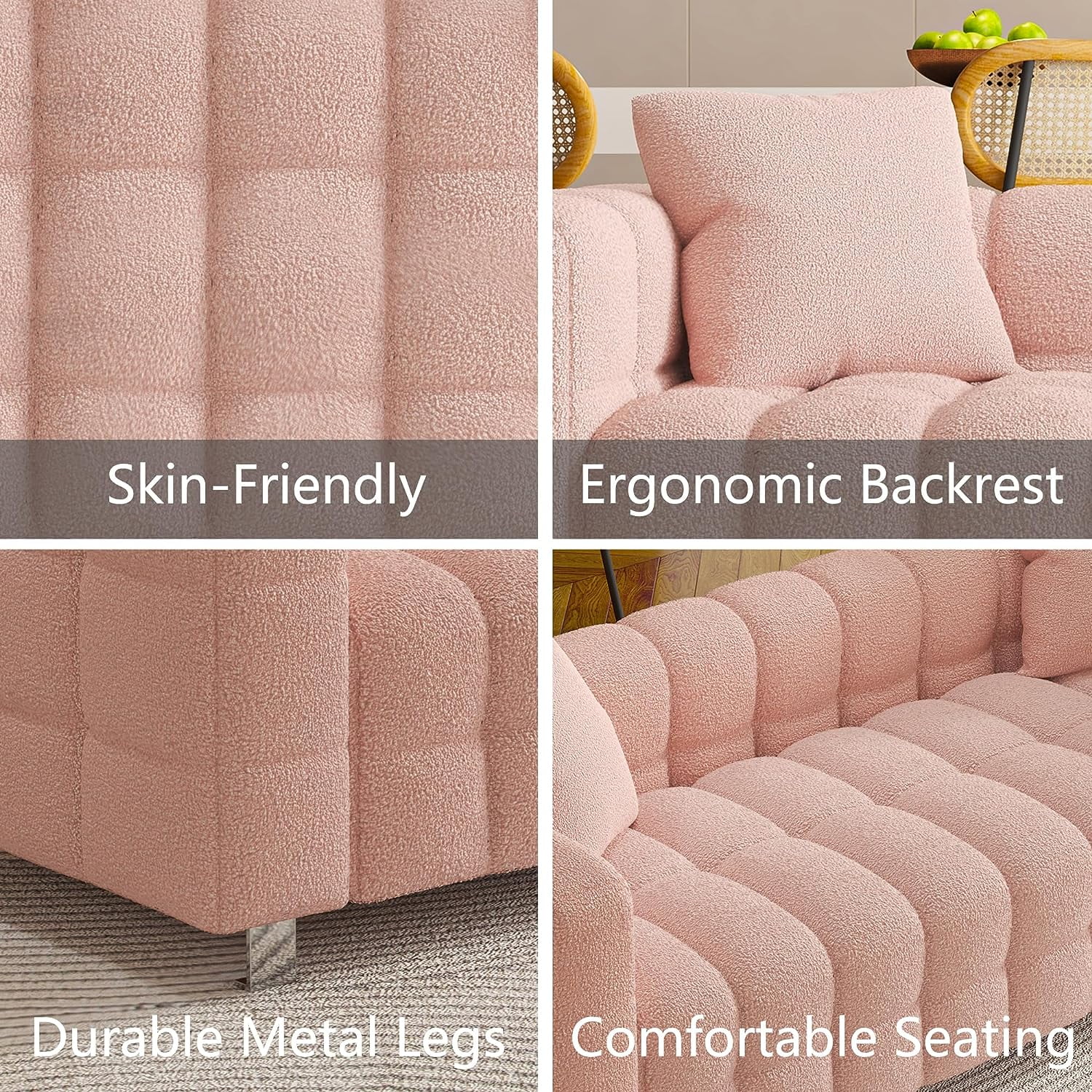 SZLIZCCC 80" Pink Teddy Velvet Sofa, Upholstered Tufted 3 Seater Couch with Two Pillows, Modern Sofa Bubble Couch Loveseat Sofa for Living Room Bedroom