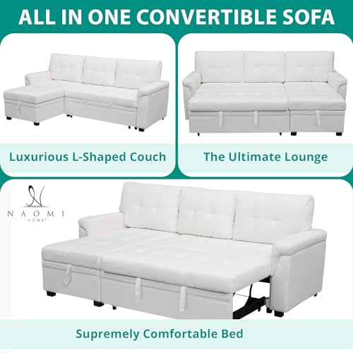 Naomi Home Jenny Sectional Sofa Sleeper with Storage Chaise, Tufted Pull Out Couch with Storage, L-Shaped Reversible Sleeper Sofa with Storage, Black,Air Leather