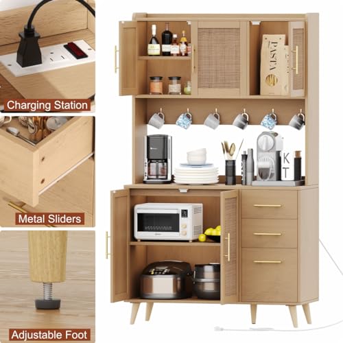 Rovaurx 70.9" Kitchen Pantry Cabinet with Microwave Shelf, Rattan Kitchen Hutch Cabinet with Charging Station, Tall Floor Cupboard Cabinet with Drawers and Doors, Black and Natural KBG002BME