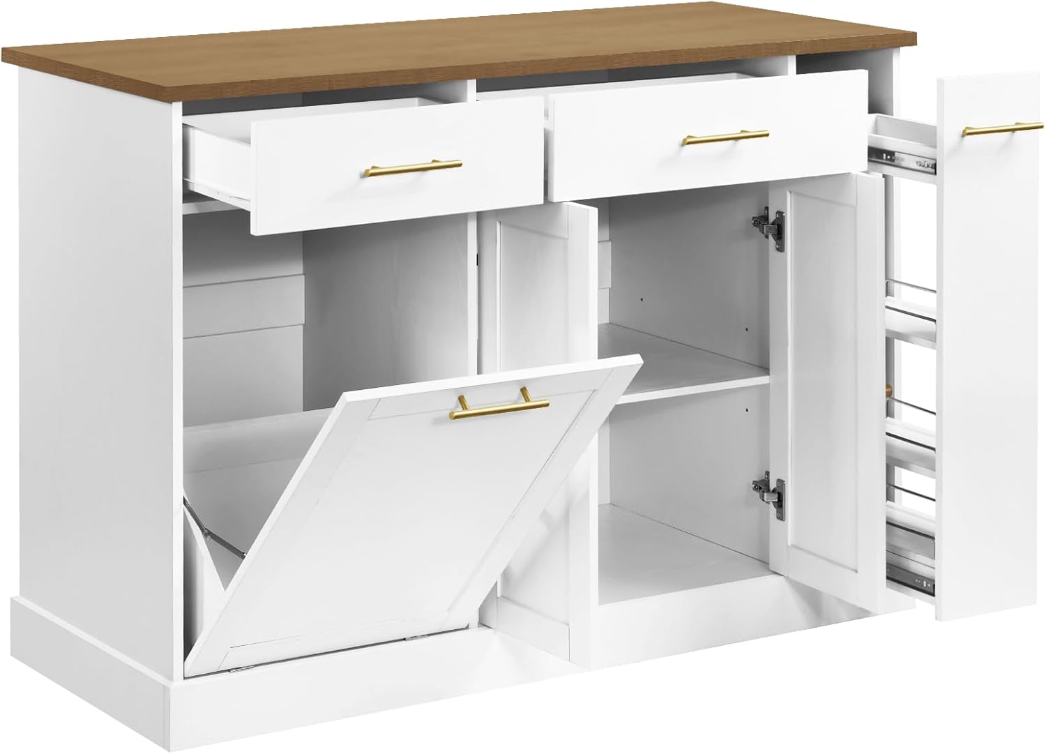 4 EVER WINNER Rolling Kitchen Island with Pull Out Spice Rack, Portable Kitchen Island Cart with Tilt Out Trash Can Cabinet, 2 Drawers, Large Kitchen Island with Storage for Kitchen, White