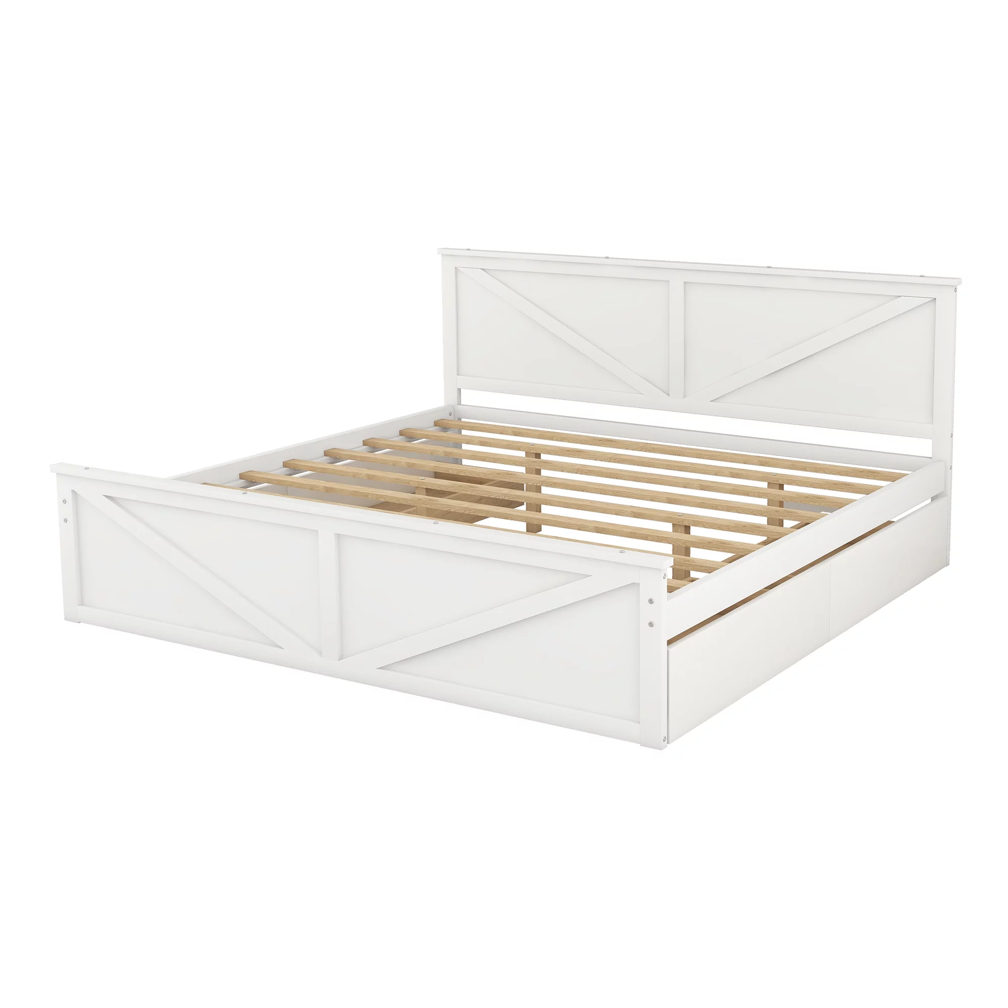 iRerts King Bed Frame with Headboard, Solid Wood King Platform Bed Frame with Storage Drawers, Slats Support and Support Legs, Modern King Size Bed Frame No Box Spring Needed for Bedroom, White