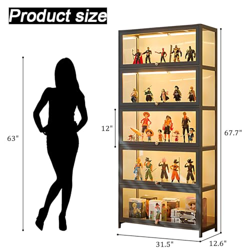Curio Display Cabinet, 5-Tier Storage Shelves with Acrylic Glass Door, Collectibles Toy Organizers Rack & Display Shelf, Kids Bookshelf and Bookcase for Playroom, Toddler's Room, Bedroom Brown