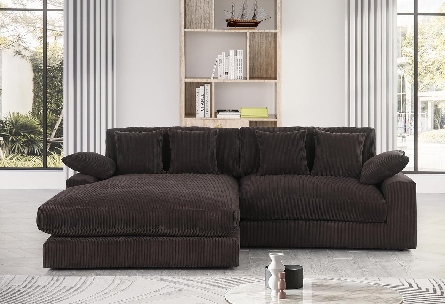 Feather Filled Deep Seat Reversible Sectional Sofa with Extra Wide Chaise Lounge , L Shaped Oversized Corduroy Upholstered Corner Couch Convertible Sleeper Sofabed 3 Pieces Sets for Living Room Office