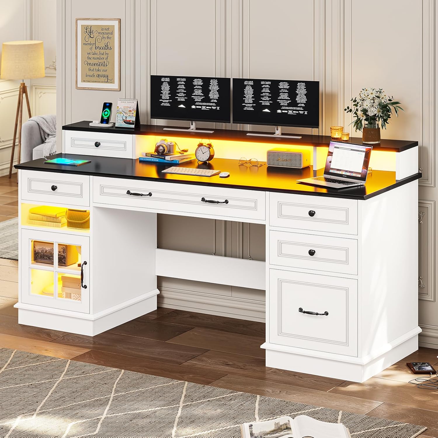 Executive Desk, Computer Desk with Drawers & Storage Cabinet, Home Office Desk with File Drawer & Monitor Stand, Writing Desk with Charging Station & LED Lights, White