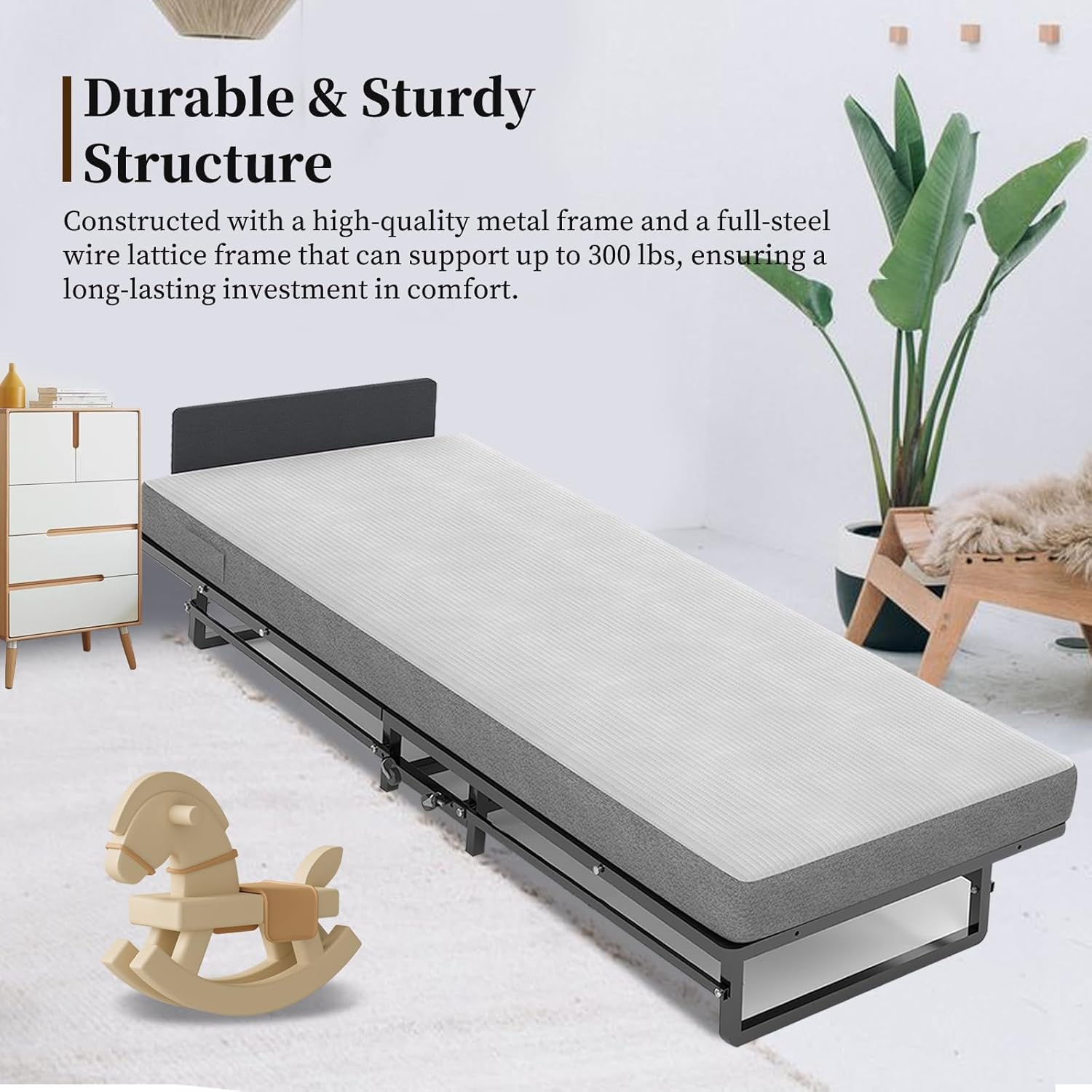 Folding Bed with 4-Inch Mattress, Metal Cot Size Rollaway Bed for Adults, Fold up Guest Bed on Wheels, 350-Pound Capacity