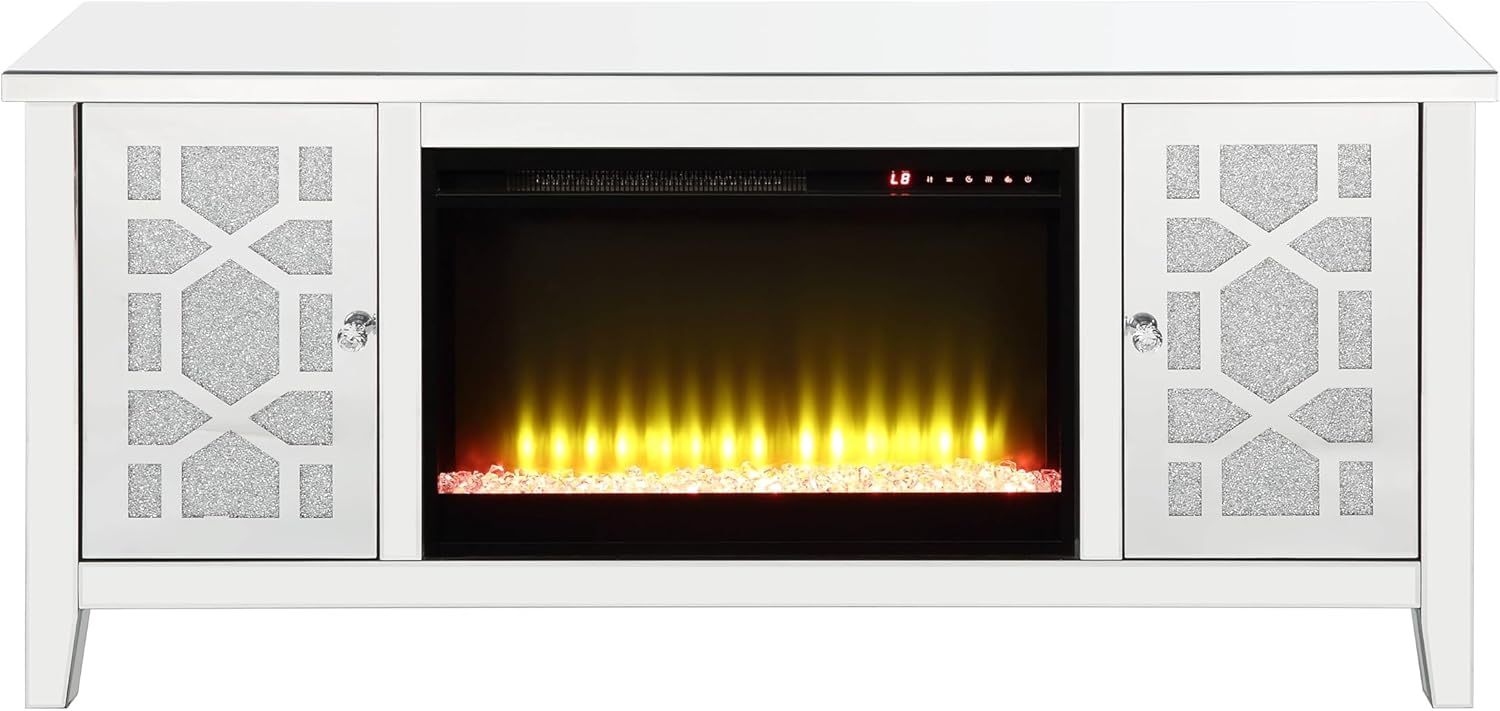 Noralie TV STAND W/FIREPLACE Mirrored & Faux Diamonds LV00312