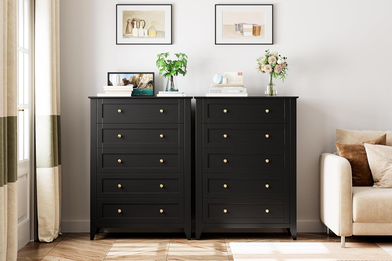 5 Drawer Dresser for Bedroom, Tall Dresser Closet Organizer, Wood Dresser with Deep Space & Metal Knobs, Modern Chests of Drawers for Entryway, Hallway, Black