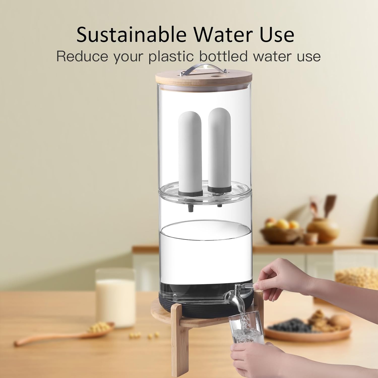 All Glass Gravity-fed Water Filter System, 2.25-Gallon All Glass Water Purifier with 4 Filters (2 Black Filter, 2 Ceramic Filter, 7 Inch Stand, Protective Sleeve), Reduces 99% Chlorine