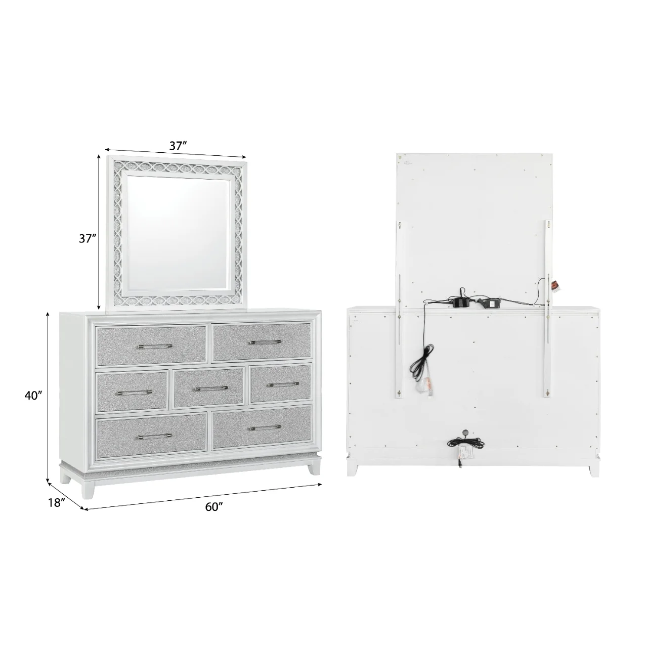 Roundhill Furniture Galaxy 4-Piece Bedroom Set with LED Lights, Tufted Bed, Dresser, Mirror, and Nightstand in Pearlized White, Queen