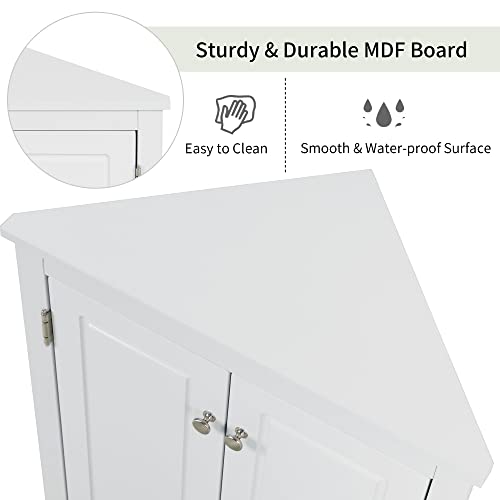 Corner Storage Cabinet, Wood Triangle Bathroom Cabinet with Adjustable Shelves, Freestanding Floor Cabinet with 2 Doors for Home Kitchen Bathroom (Grey + MDF)