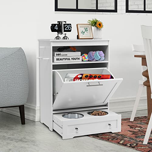 Dog Feeding Station Dog Food Storage Cabinet with 2 Raised Dog Bowls, Dog Food Storage Container, Pull Out Elevated Dog Bowls for Water and Feeding Supplies, Pet Toy Storage Organizer,White