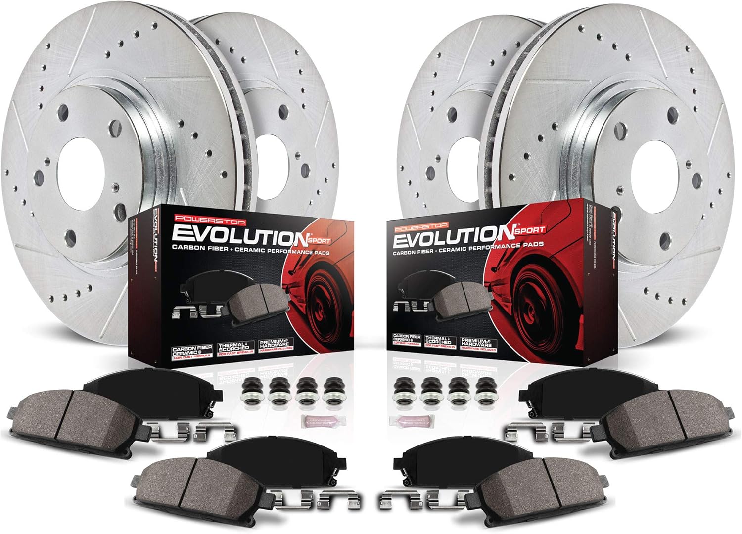 Power Stop K8348 Front and Rear Z23 Carbon Fiber Brake Pads with Drilled & Slotted Brake Rotors Kit