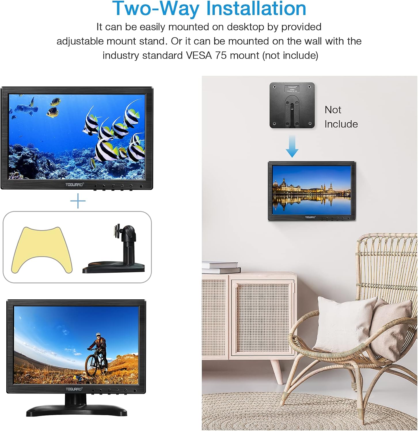 Topiacam 10.1 Inch Ultra-Thin Security CCTV Computer Monitor 1024x600 Resolution Touch Buttons Video and Audio LED Color Display Screen AV/VGA/HDMI Input with Remote Control