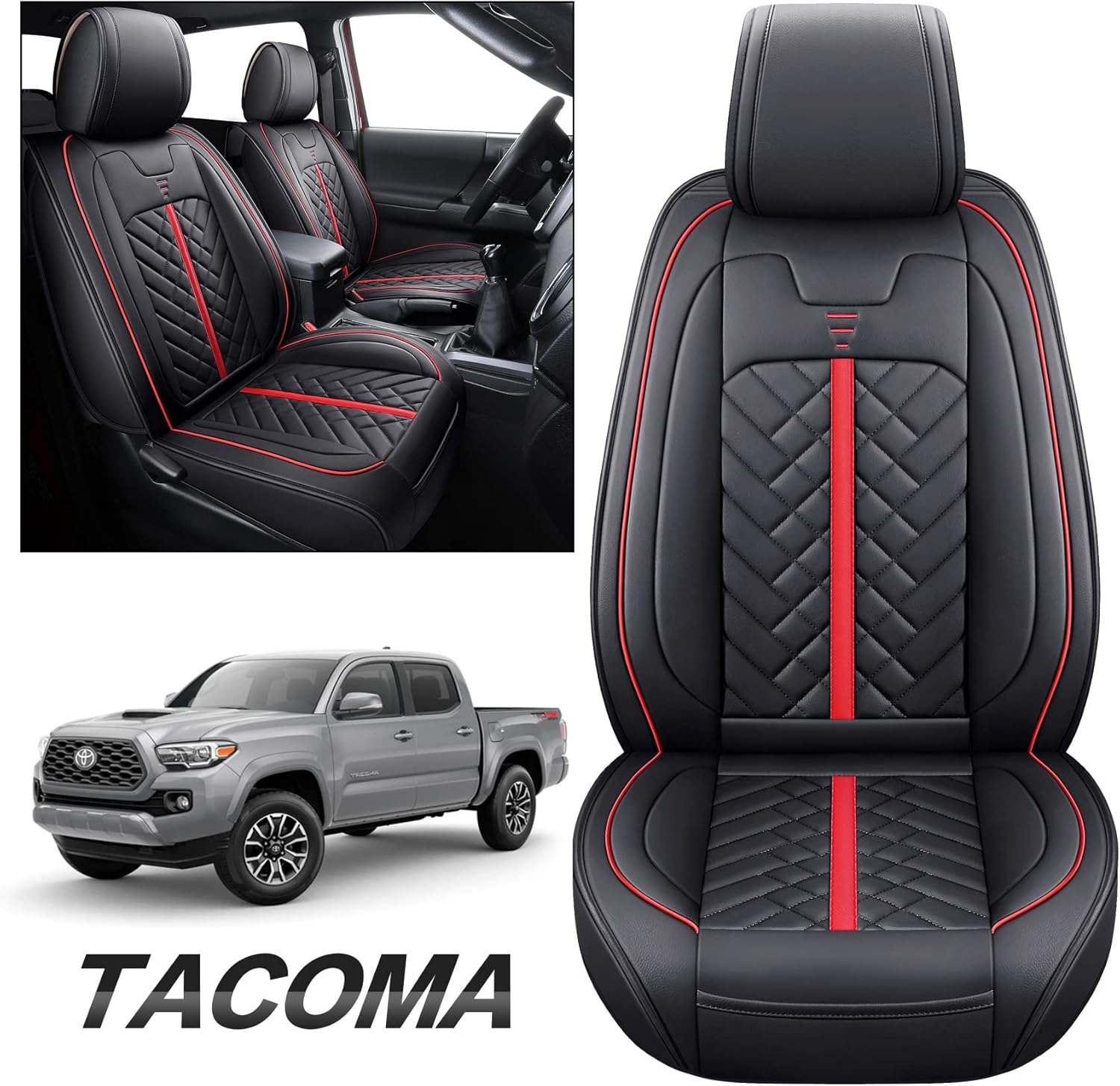 Tomatoman Toyota Tacoma Seat Covers Fit for 2005-2022 Crew Double Cab TRD Off-Road Pro Limited Trail Edition SR5 V6 Pickup Truck Compatible Airbags Car Cushions(Full Set/Black-White)