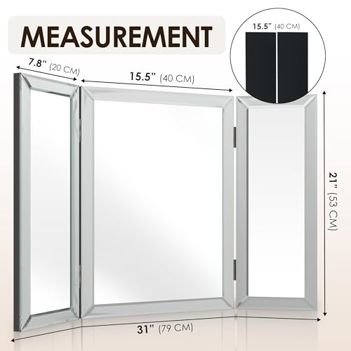 Houseables 3 Way Mirror, Trifold Vanity Mirrors, 21" x 31", 360 Degree View, Tri Fold, Triple Sided, 3way, Table Top, Wall Mount, Standing, Foldable, for Makeup, Braiding Hair, Desk, Bathroom, Bedroom