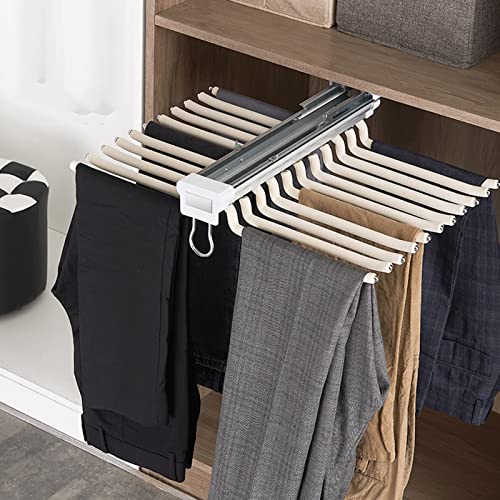 lhx Pull-Out Pant Rack Telescopic Wardrobe Hanging Pants Top Mount Double Row 18 Arm Steel Pull-Out Pant Rack Style Clothes Organizer Saves Space and Storage (Color : Black)