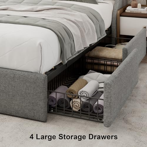 Upholstered Full Size Bed Frame with 4 Storage Drawers, Platform Bed Frame with Wingback Headboard, Charging Station, No Box Spring Needed, Beige