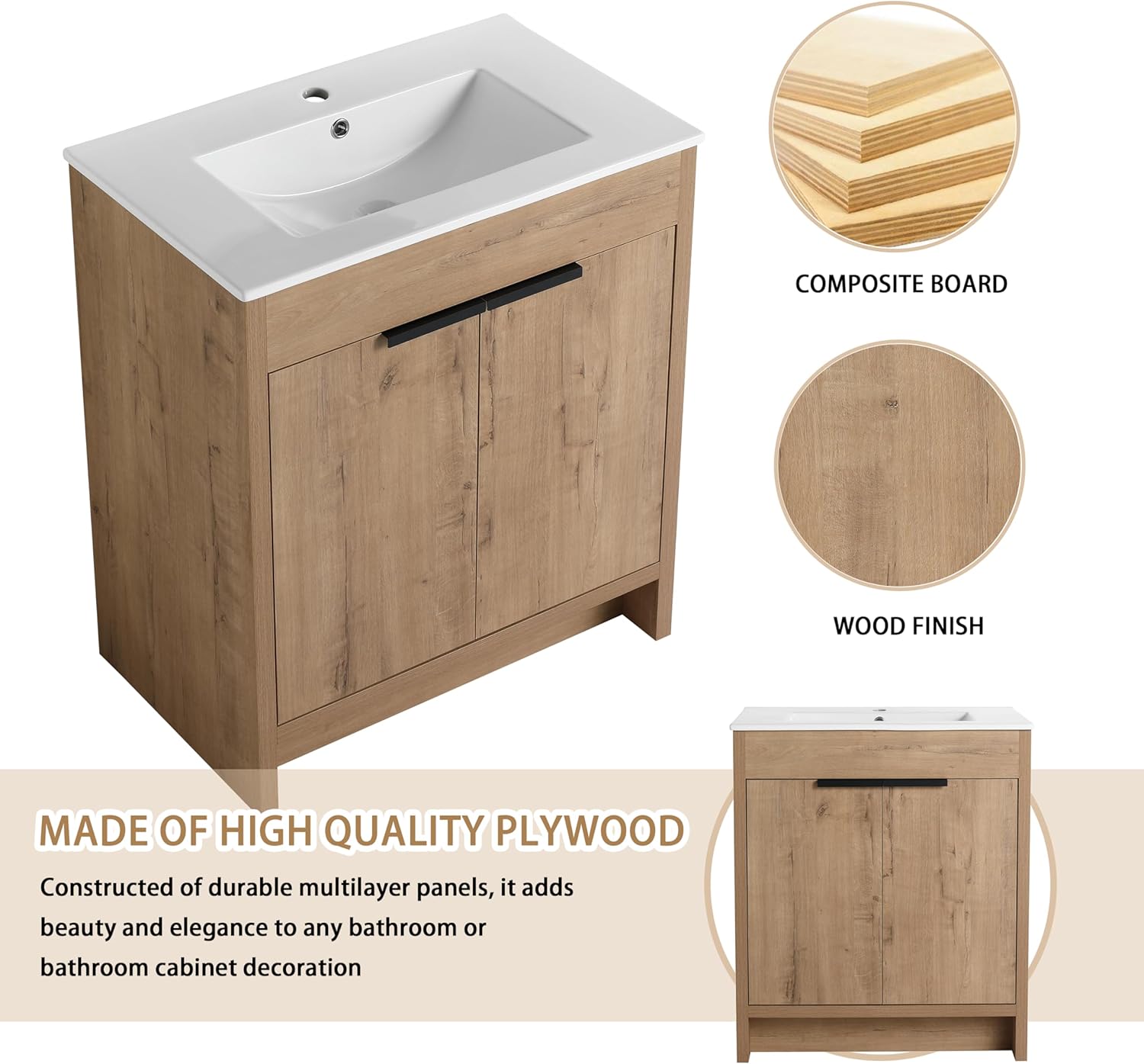 30" Bathroom Vanity with Sink, 30 Inch Freestanding Bathroom Vanity, Single Sink Bathroom Vanity Combo, Modern Bathroom Vanity, Brown Floor Standing Cabinet Set (Imo-024, 30''W x 18''D)