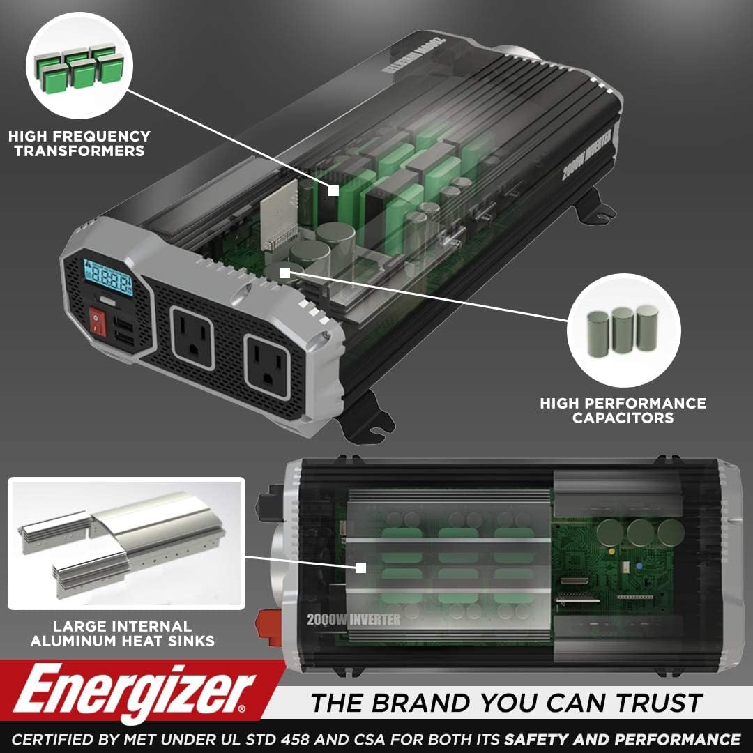 Energizer 4000 Watts Power Inverter Modified Sine Wave Car Inverter, 12V to 110 Volts, Two AC Outlets, Two USB Ports (2.4 Amp), Hardwire Kit, Battery Cables Included – ETL Approved Under UL STD 458