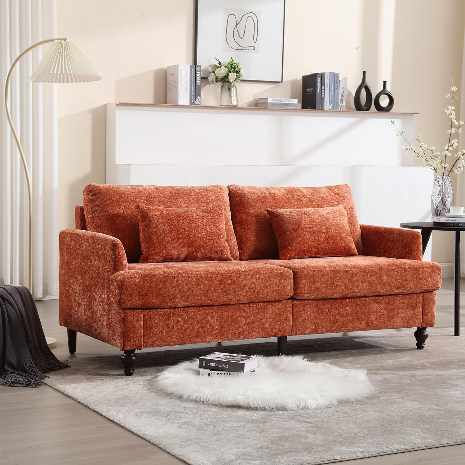 JOYBASE 70 inch Loveseat Sofa, Mid-Century Modern Love Seat Couch with Wood Legs, Upholstered Comfy Sofa for Living Room, Apartment, Office, Bedroom (Burnt Orange, Chenille)