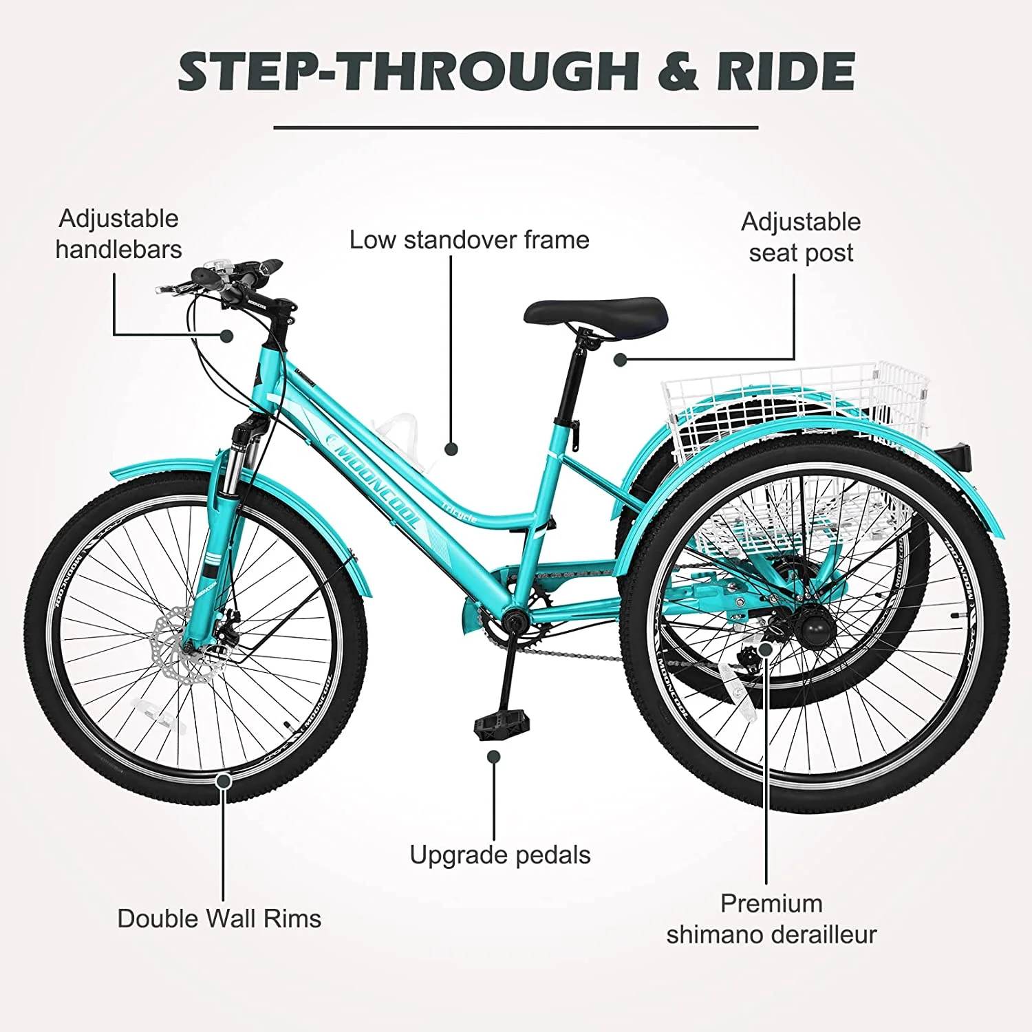 Lilypelle Adult Mountain Tricycle 24/26/27.5 Inch Low step through Mountain Bike Cruiser Trikes for Adults 7 Speed Three Wheel Trike Bike Bicycle with Large Basket