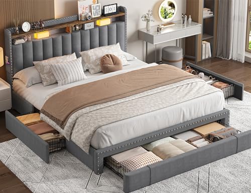 EnHomee Full Bed Frame with 3 Drawers,Queen Size Bed Frame with 2-Tier Storage Headboard, Upholstered Platform Bed Frame Queen Size with Storage,Wood Slats Support,No-Noise, Easy Assembly,Grey