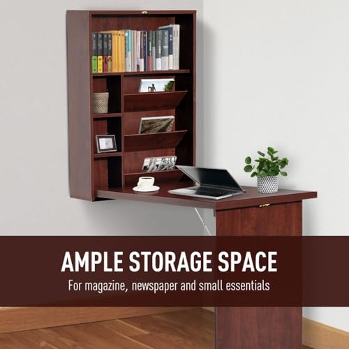 Wall Mounted Desk Cabinet - Fold Out Convertible Desk - Folding Work Table - Floating Desk with Storage Shelves - Multifunctional Writing Desk - Space Saving and Water Resistant - Mahogany