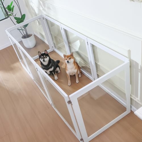 Heavy Duty Clear Acrylic Dog Playpen, Transparent Pet Pen, Metal Frame Easy Assemble Kennel Enclosure, Ideal for Small to Medium Dogs, Cats, and Other Small Pets (White, 6 Panels with Door)