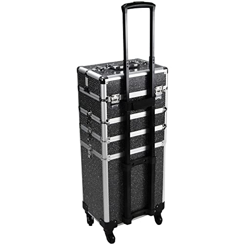 4 in 1 Rolling Makeup Train Case, Aluminum Makeup Travel Organizer Cosmetic Case, Cosmetology Display Suitcase on Wheels, Beauty Storage Luggage Lockable w/4 Removable Wheels(Silver)