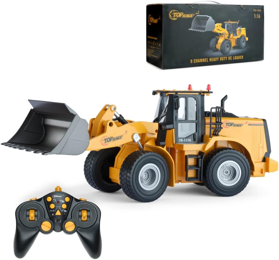 Top Race 9 Channel Toy Truck, Heavy Duty Remote Control Front Loader, RC Remote Control Construction Tractor with Lights & Sounds 2.4Ghz Metal Shovel and Parts Hobby Grade (TR-133G) Pack of 2