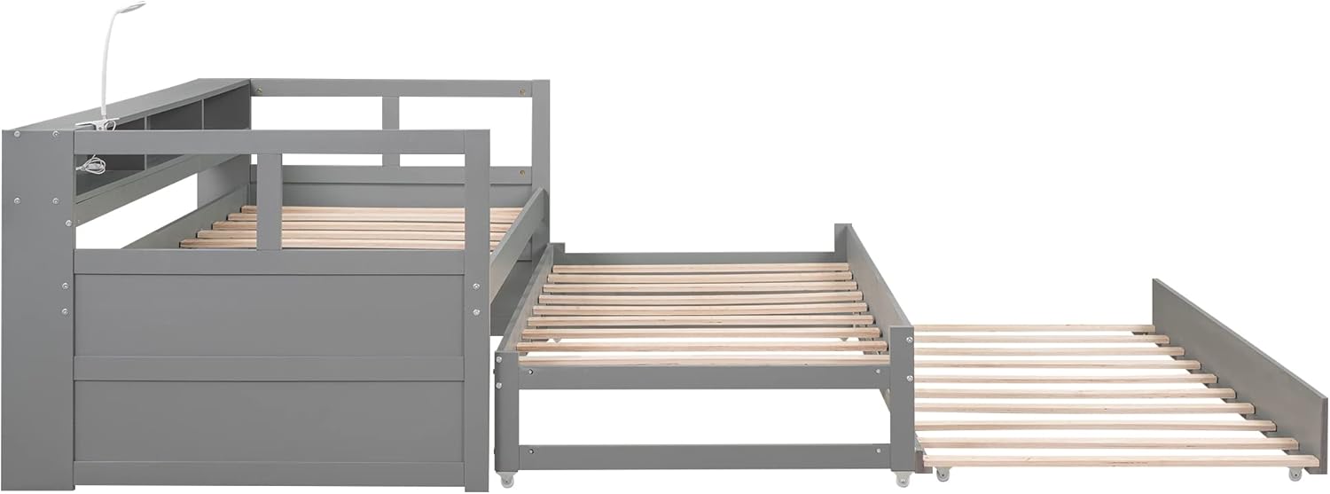 Bellemave Twin XL Daybed with 2 Trundle Beds Wood Platform Bed with Storage Headboard, Twin XL Day Bed Frame with USB Charging and Light for Bedroom and Living Room, Gray