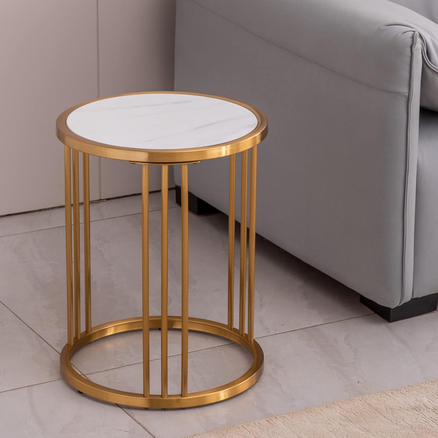 Slate,sintered Stone Round Side,end Table with Golden Stainless Steel Frame