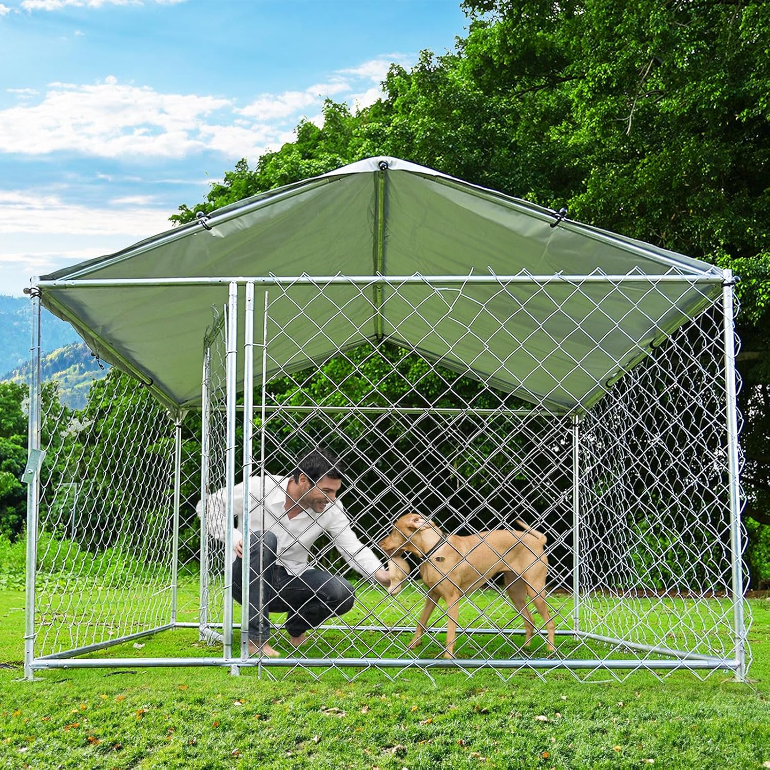 Outdoor Dog Kennel Heavy Duty Dog Cage with Waterproof Roof UV-Resistant Cover Anti-Rust Metal Mesh Fence and Lockable Door Chain Link Dog Exercise Pen Run for Dogs, 6.5x6.5x5 ft
