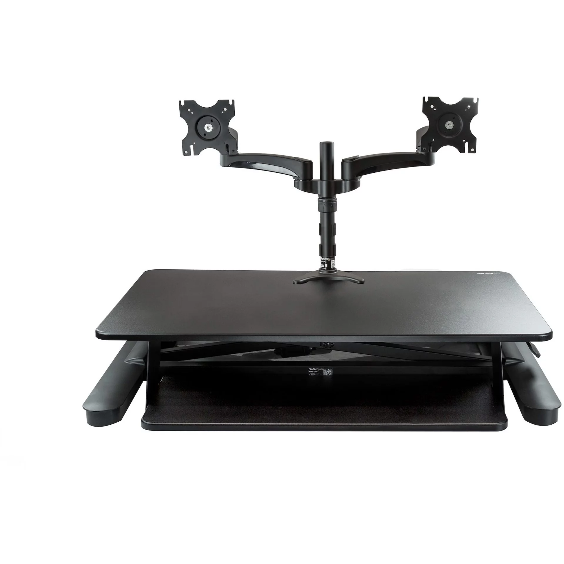 StarTech.com Dual Monitor Sit Stand Desk Converter, 35" Wide, Height Adjustable Standing Desk Solution -Dual Arms for up to 24" Monitors