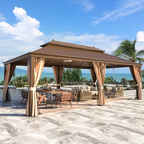 MELLCOM 12'x16' Hardtop Gazebo, Galvanized Steel Metal Double Roof Canopy with Curtains and Netting, Brown Permanent Pavilion Gazebos with Aluminum Frame for Garden, Patio, Lawns, Deck
