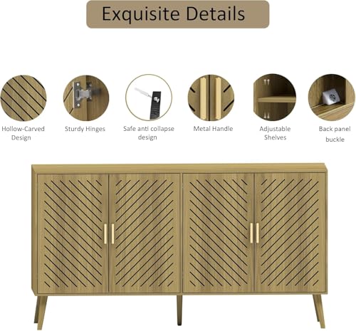 Wood Sideboard Buffet Cabinet with Storage, 4 Doors, Adjustable Shelves, TV Stand or Coffee Bar for Kitchen, Dining Room, Living Room, Entryway