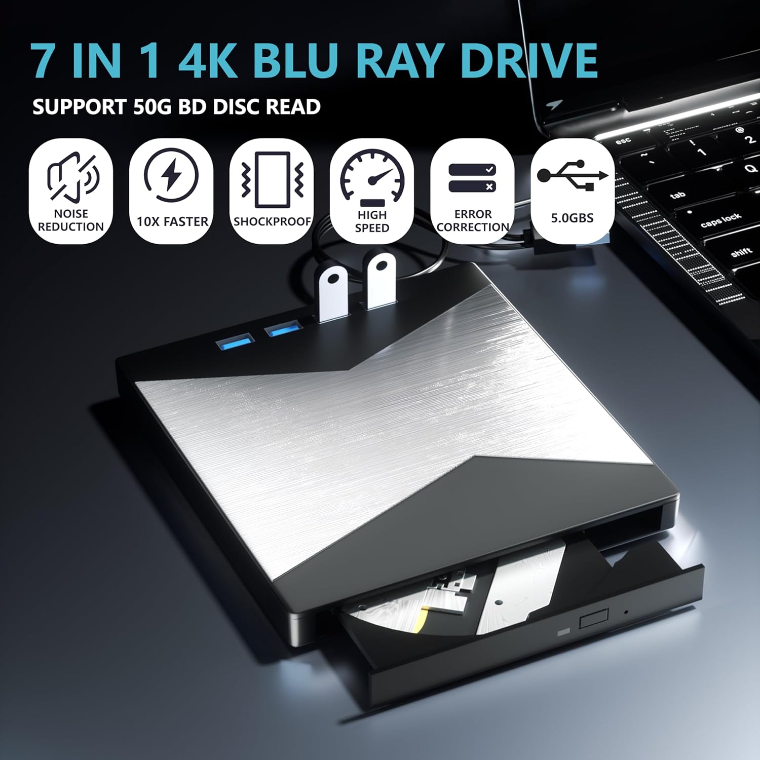 External Blu Ray Drive, 4K Portable Blu Ray Burner USB 3.0 Type-C UHD BD Player with SD/TF Port, CD/DVD Burner R/W 3D Blu Ray Drive, External 4k Blu Ray Drive Compatible with Windows Mac OS Laptop