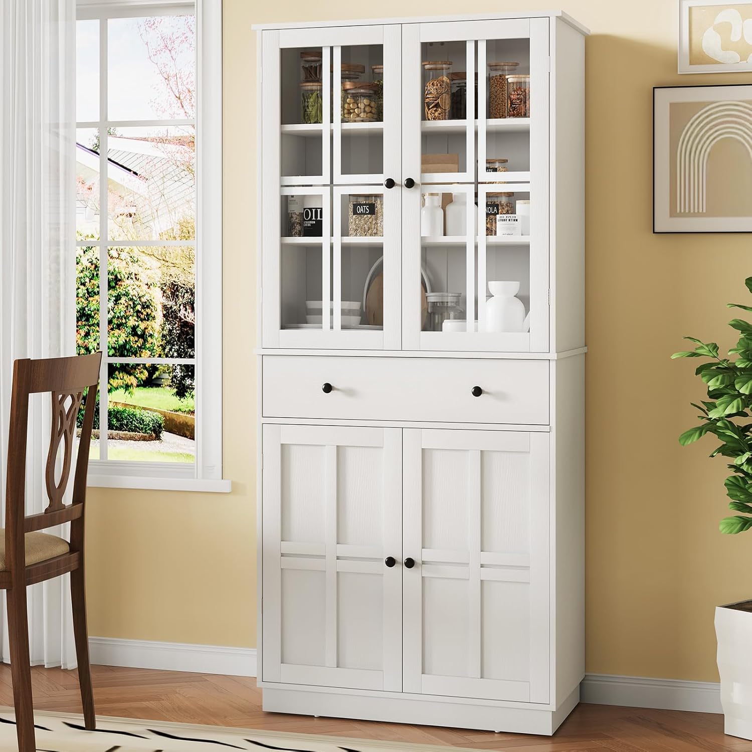 Kitchen Pantry Storage Cabinet, Tall Pantry Cabinet with Glass Doors and Large Drawer, Freestanding Pantry Cupboard with 3 Adjustable Shelves for Kitchen, Dining Room, Living Room, White