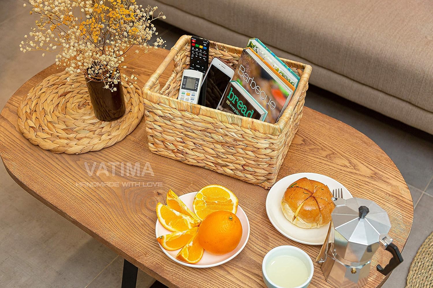 VATIMA Large Wicker Basket Rectangular with Wooden Handles for Shelves, Water Hyacinth Basket Storage, Natural Baskets for Organizing, Wicker Baskets for Storage 14.5 x 10.3 x 7.2 inches
