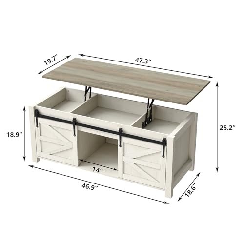 Lift Top Coffee Table with Storage, 47.3'' White Farmhouse Center Table with Sliding Ironmesh Doors, Rustic Brown Top Rectangular Coffee Table for Living Room