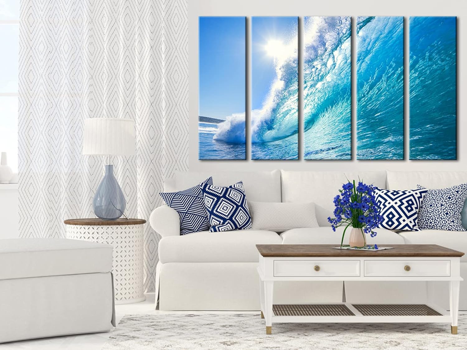 Wieco Art Sea Waves Large 5 Piece Modern Framed Giclee Canvas Prints Seascape Artwork Ocean Beach Pictures Paintings on Canvas Wall Art Ready to Hang for Living Room Bedroom Home Office Decorations
