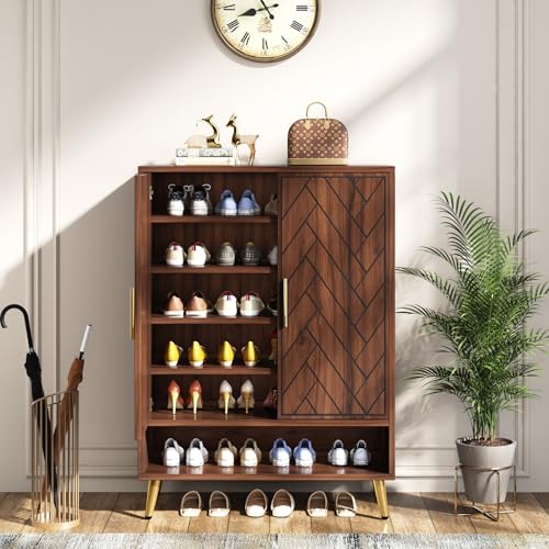 Tribesigns Walnut Shoe Cabinet with Doors, 6-Tier 24 Pairs Shoe Storage Cabinet for Entryway (Brown)