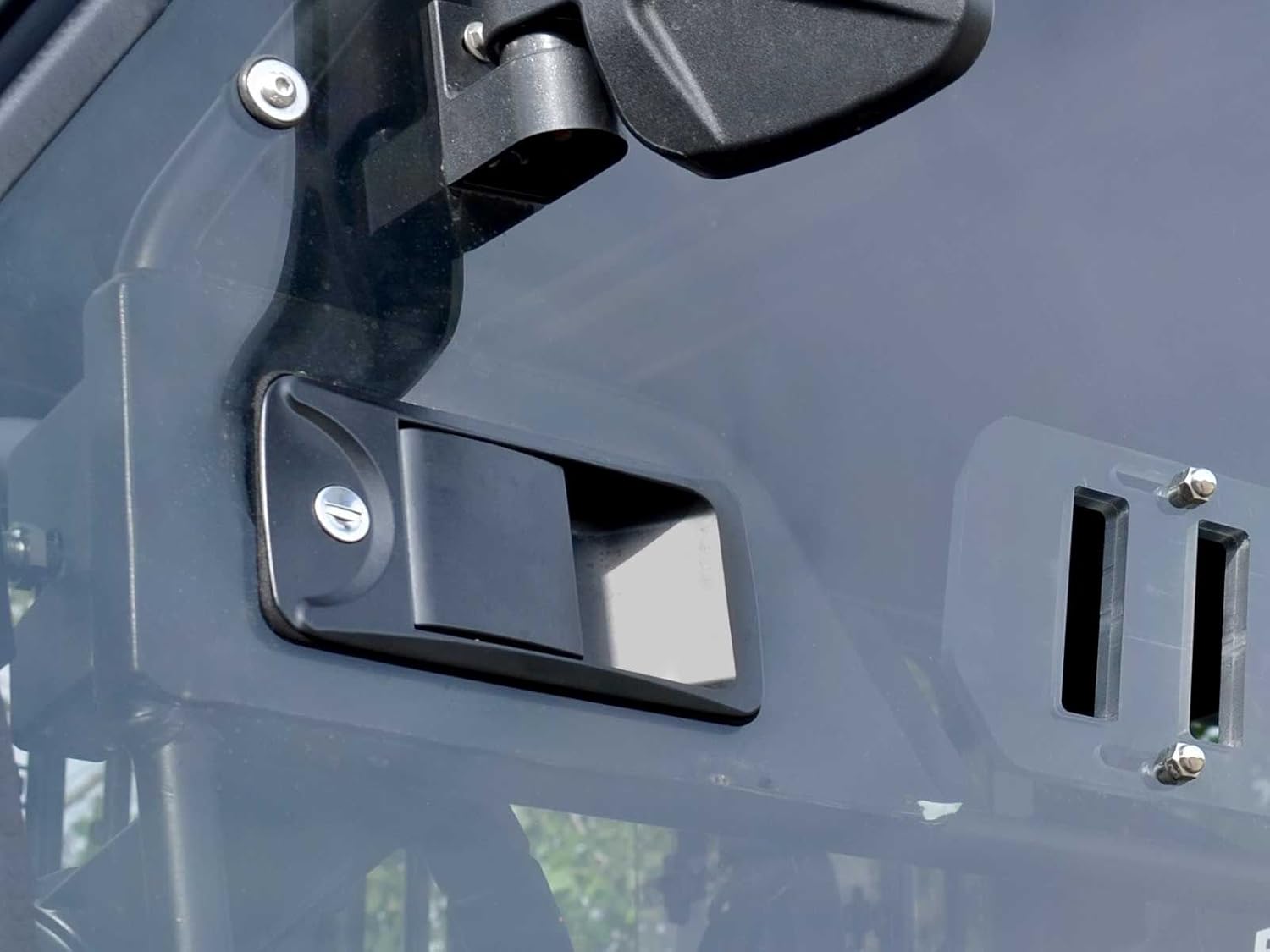 SuperATV Polaris Ranger Cab Enclosure Vented Doors (See Fitment) - Made of Lightly Tinted Scratch-Resistant 1/4 Thick Polycarbonate - Sliding Vents - Includes Bolt-On Side View Mirrors - Made in USA