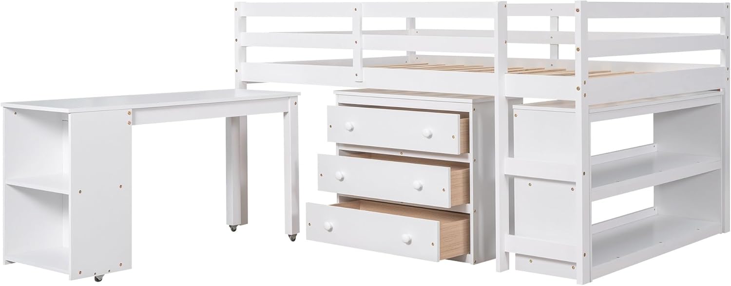 Full Size Low Loft Bed with Cabinet Shelves and Rolling Portable Desk White Mid-Century Modern Contemporary Unisex Nature Sports MDF Pine Varnished Hidden Storage Includes Hardware